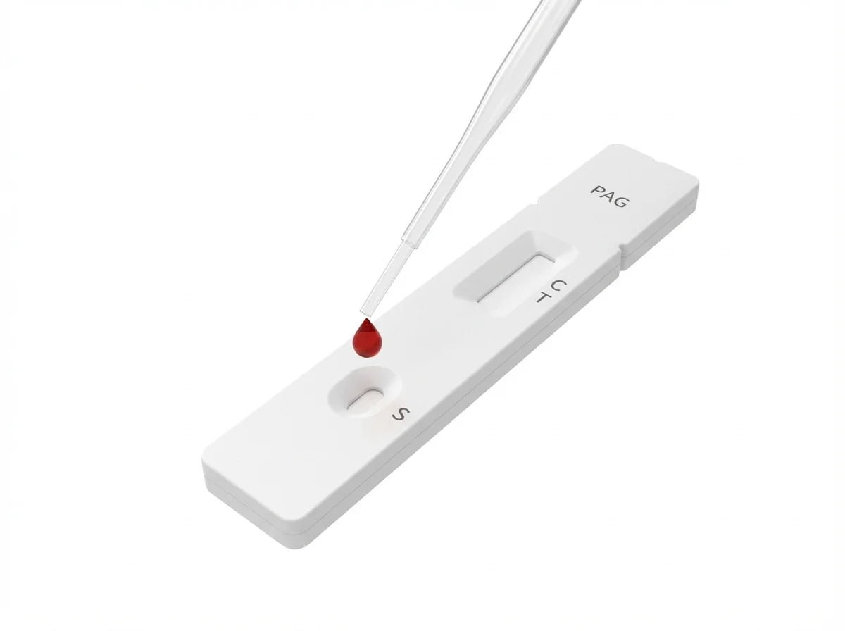 Sabervet bovine pregnancy test kit showing positive result in a dairy barn.